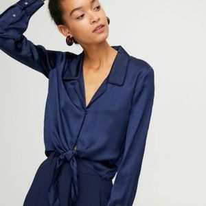 Aritzia | Wilfred Satin Tie-Front Button-Up Blouse in Navy